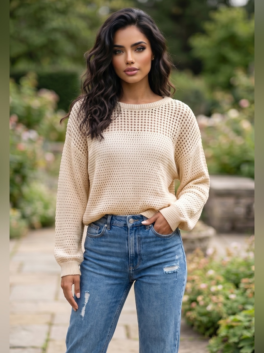 W05. Stylish Cotton Cream Open Knit Sweater